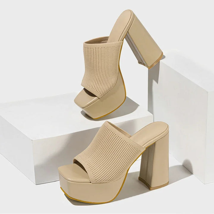 Ribbed Knit Platform Sandals with Block Heel