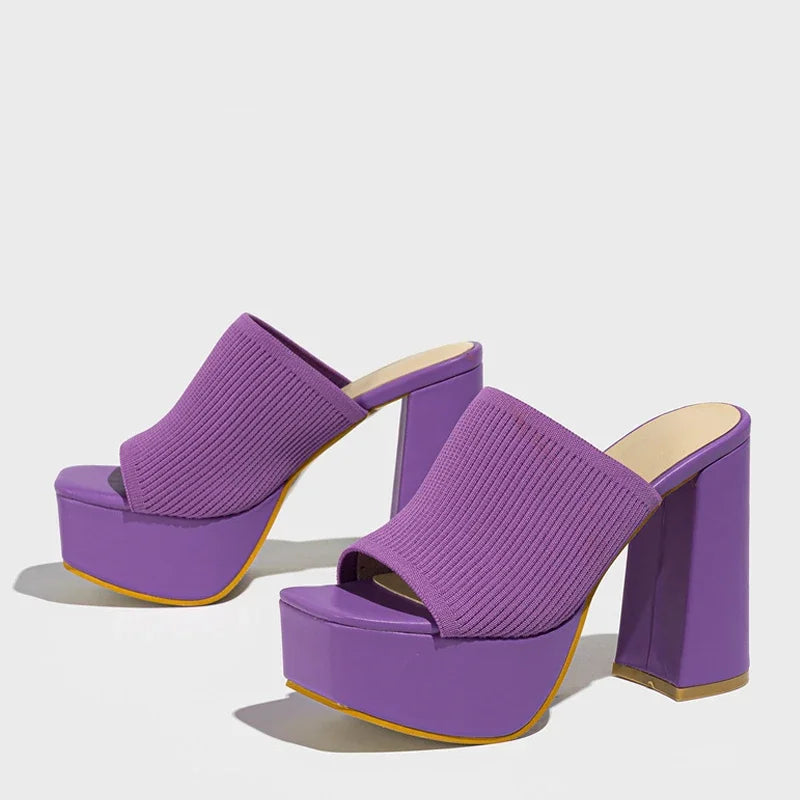 Ribbed Knit Platform Sandals with Block Heel