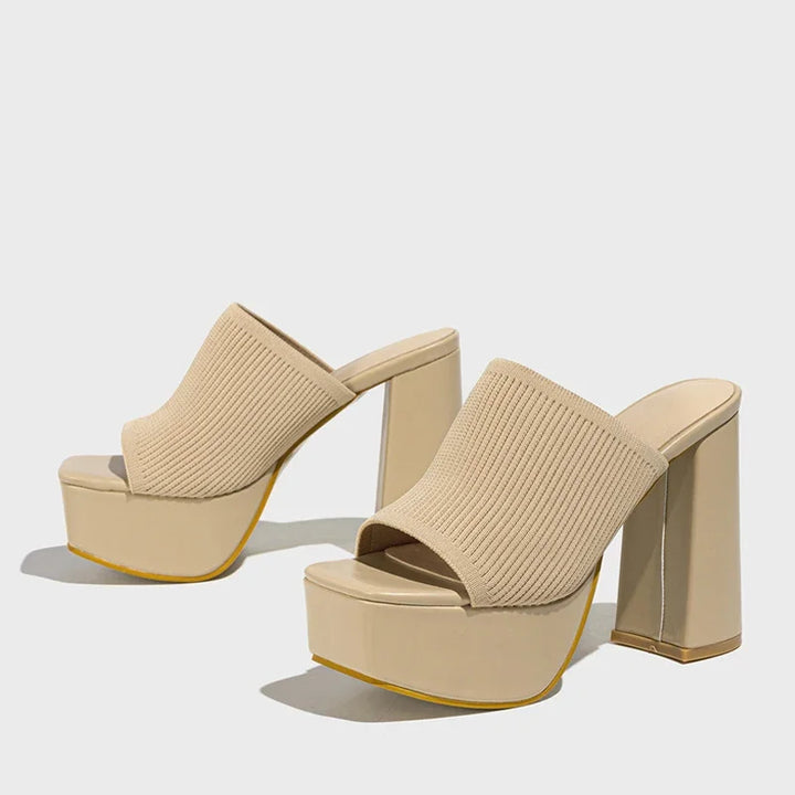 Ribbed Knit Platform Sandals with Block Heel