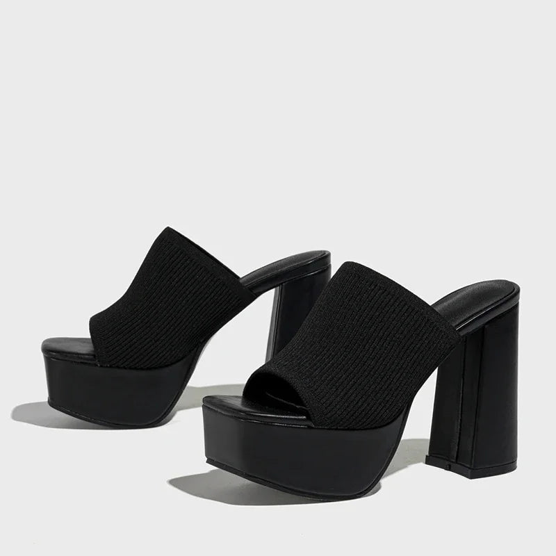Ribbed Knit Platform Sandals with Block Heel