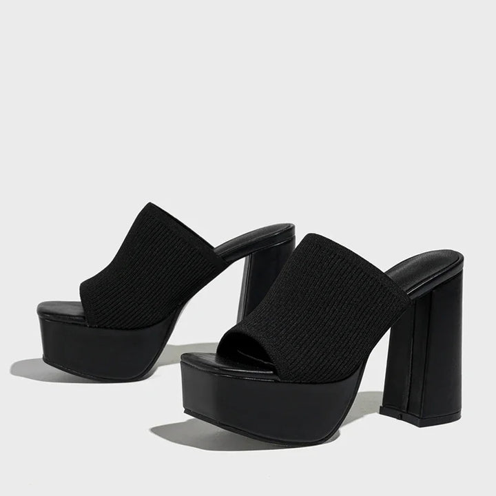 Ribbed Knit Platform Sandals with Block Heel