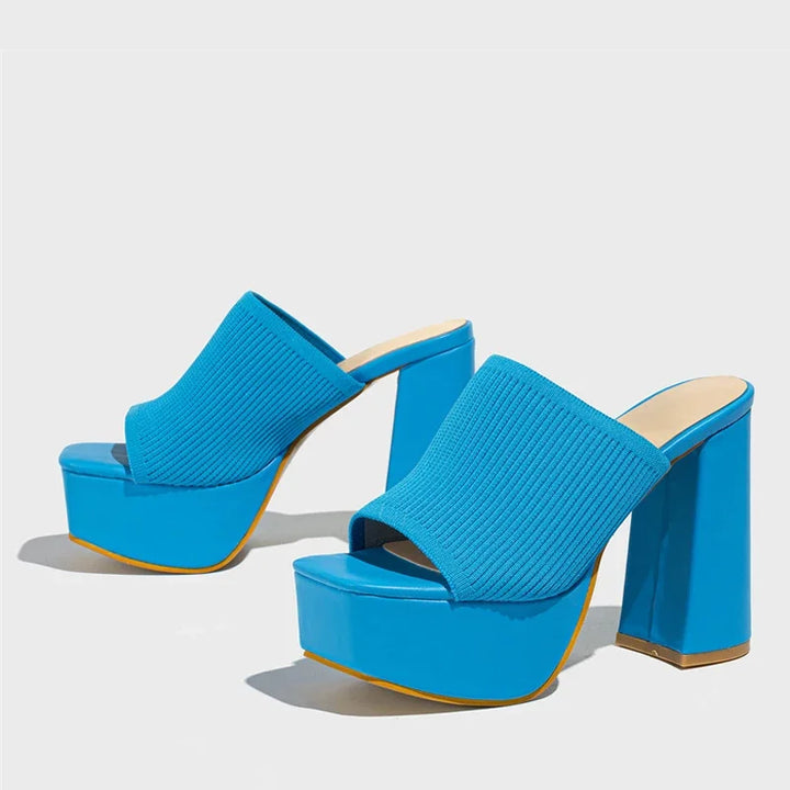 Ribbed Knit Platform Sandals with Block Heel