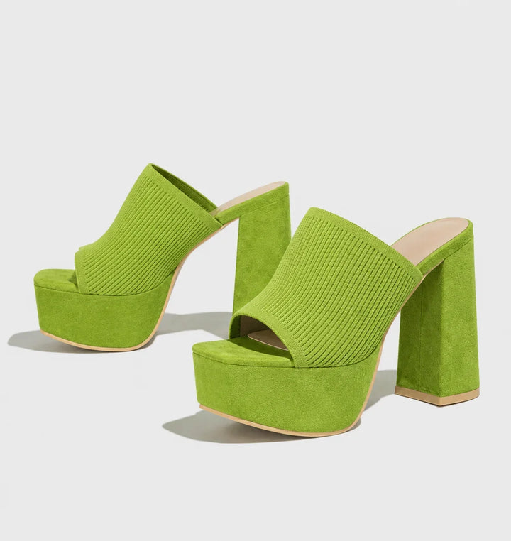 Ribbed Knit Platform Sandals with Block Heel