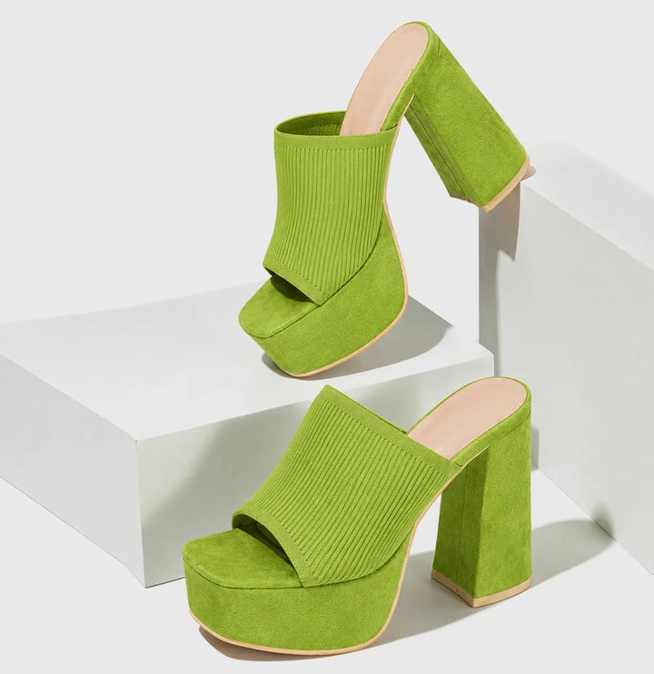 Ribbed Knit Platform Sandals with Block Heel