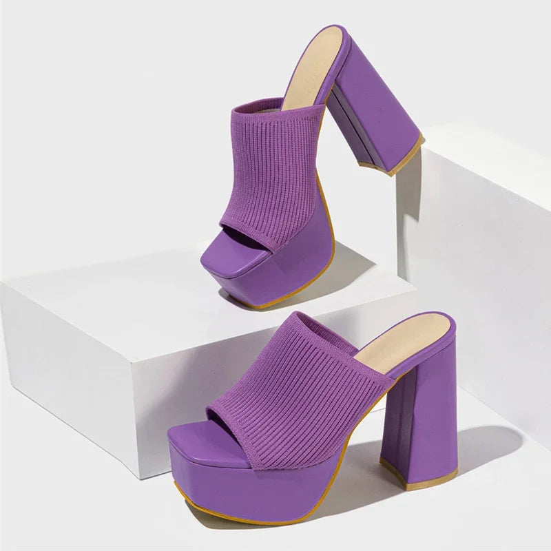 Ribbed Knit Platform Sandals with Block Heel