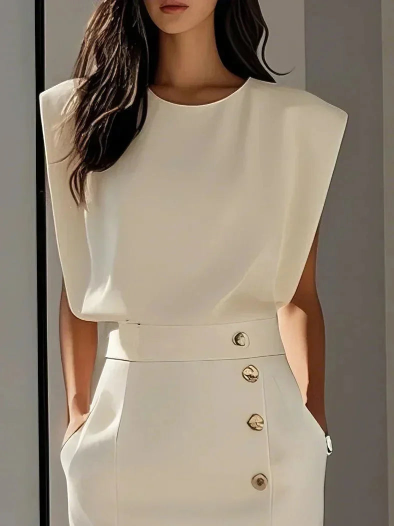 Round Neck Midi Dress with Padded Cap Sleeves