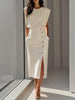 Round Neck Midi Dress with Padded Cap Sleeves