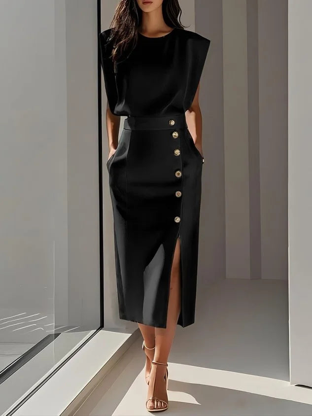 Round Neck Midi Dress with Padded Cap Sleeves