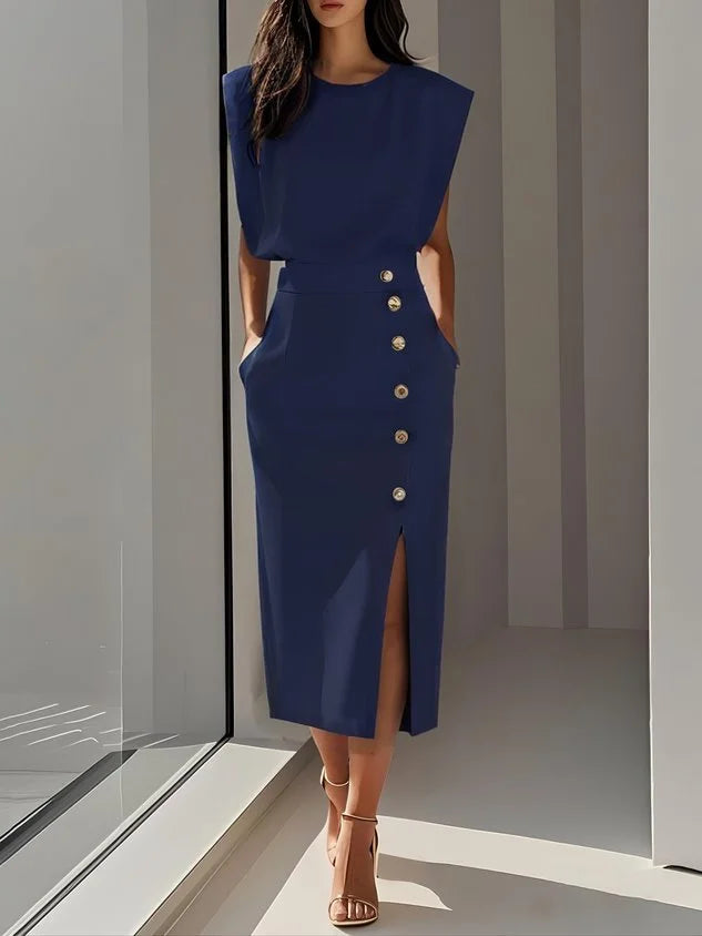 Round Neck Midi Dress with Padded Cap Sleeves