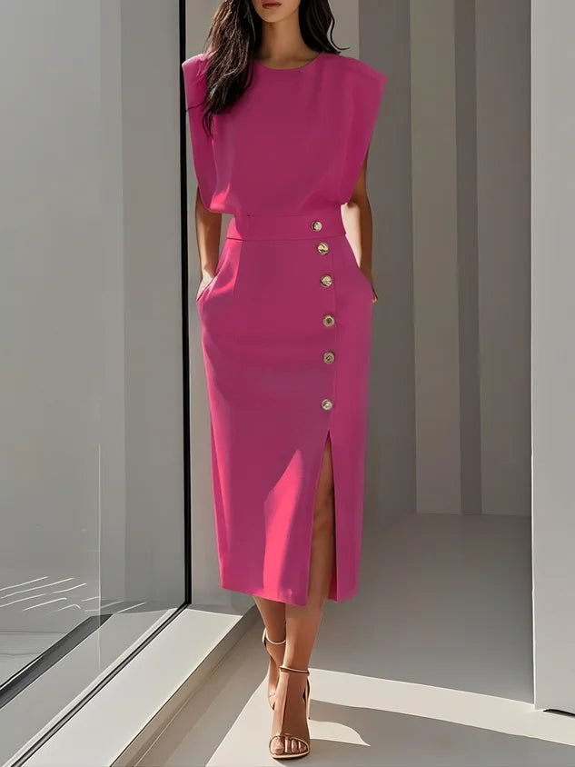 Round Neck Midi Dress with Padded Cap Sleeves
