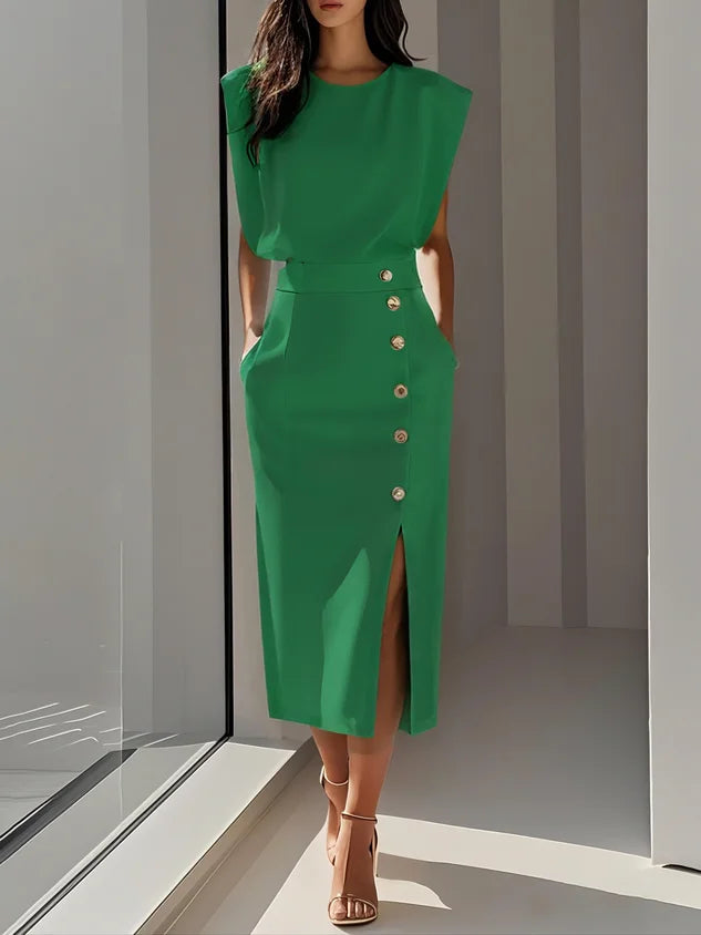 Round Neck Midi Dress with Padded Cap Sleeves