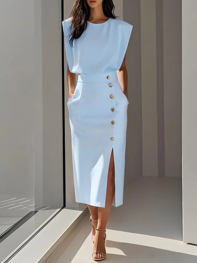 Round Neck Midi Dress with Padded Cap Sleeves
