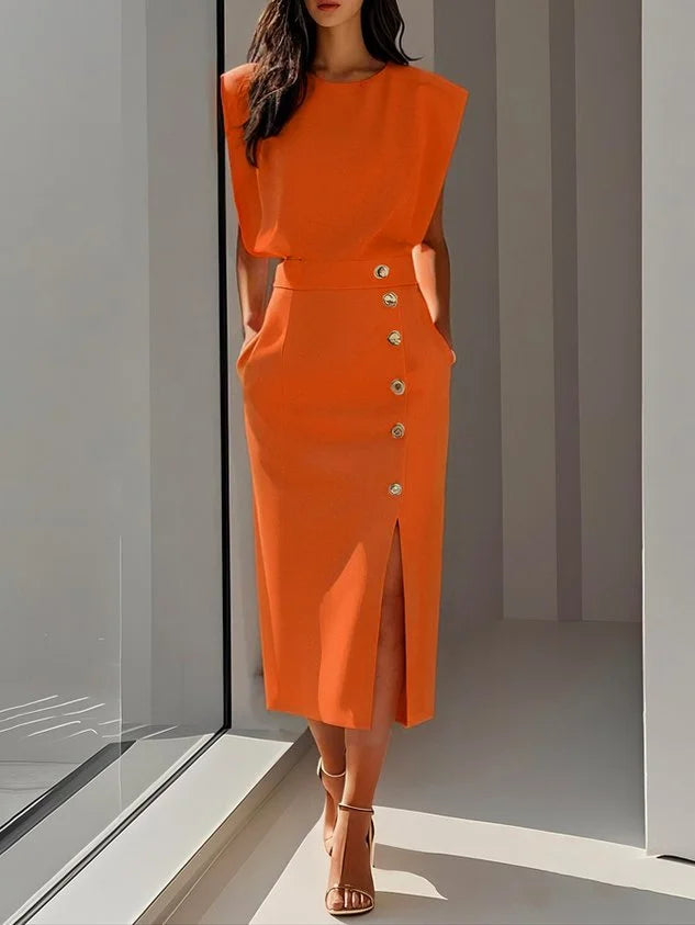 Round Neck Midi Dress with Padded Cap Sleeves