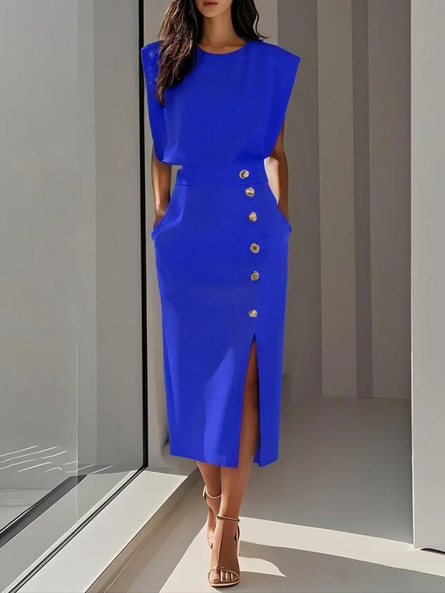 Round Neck Midi Dress with Padded Cap Sleeves