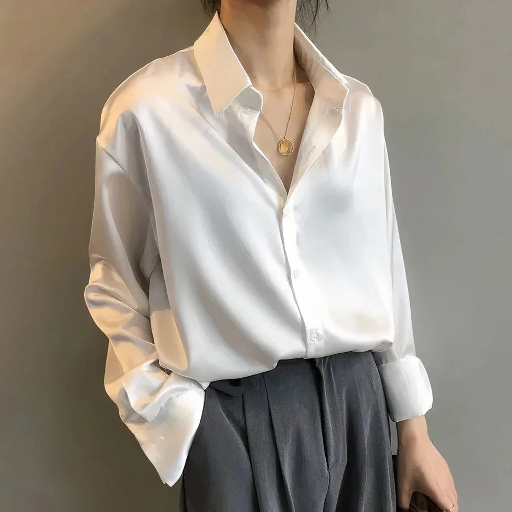 Satin Blouse with Long Sleeve Button-Down Collar