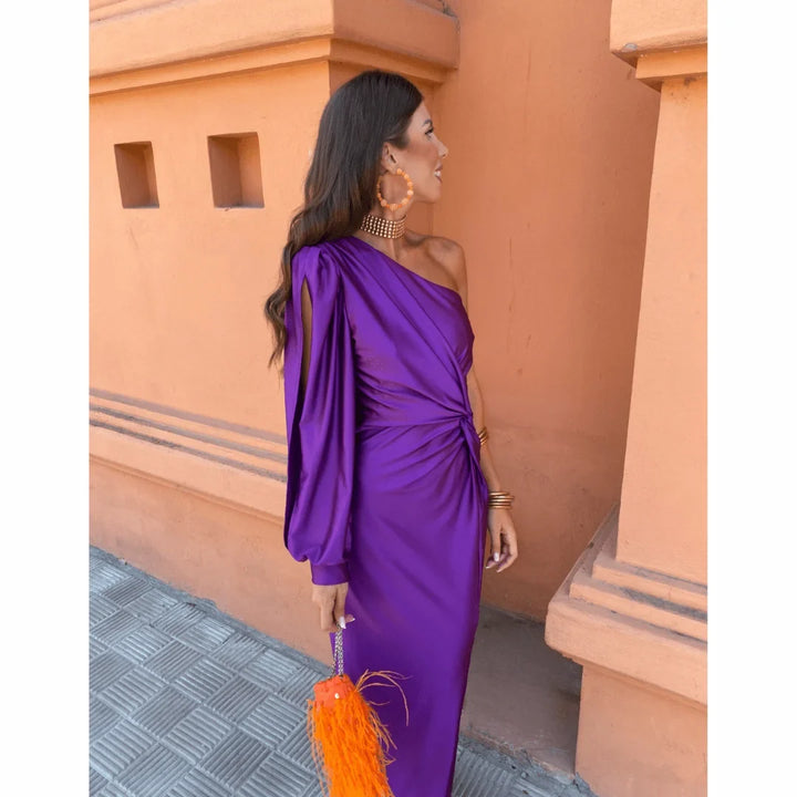 Satin One-Shoulder Maxi Dress with Front Slit