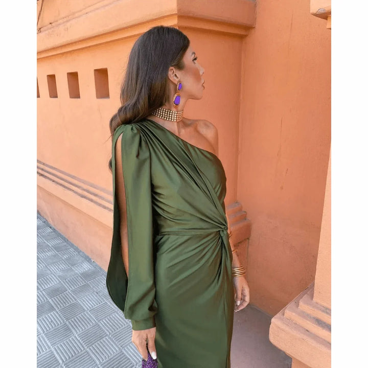 Satin One-Shoulder Maxi Dress with Front Slit