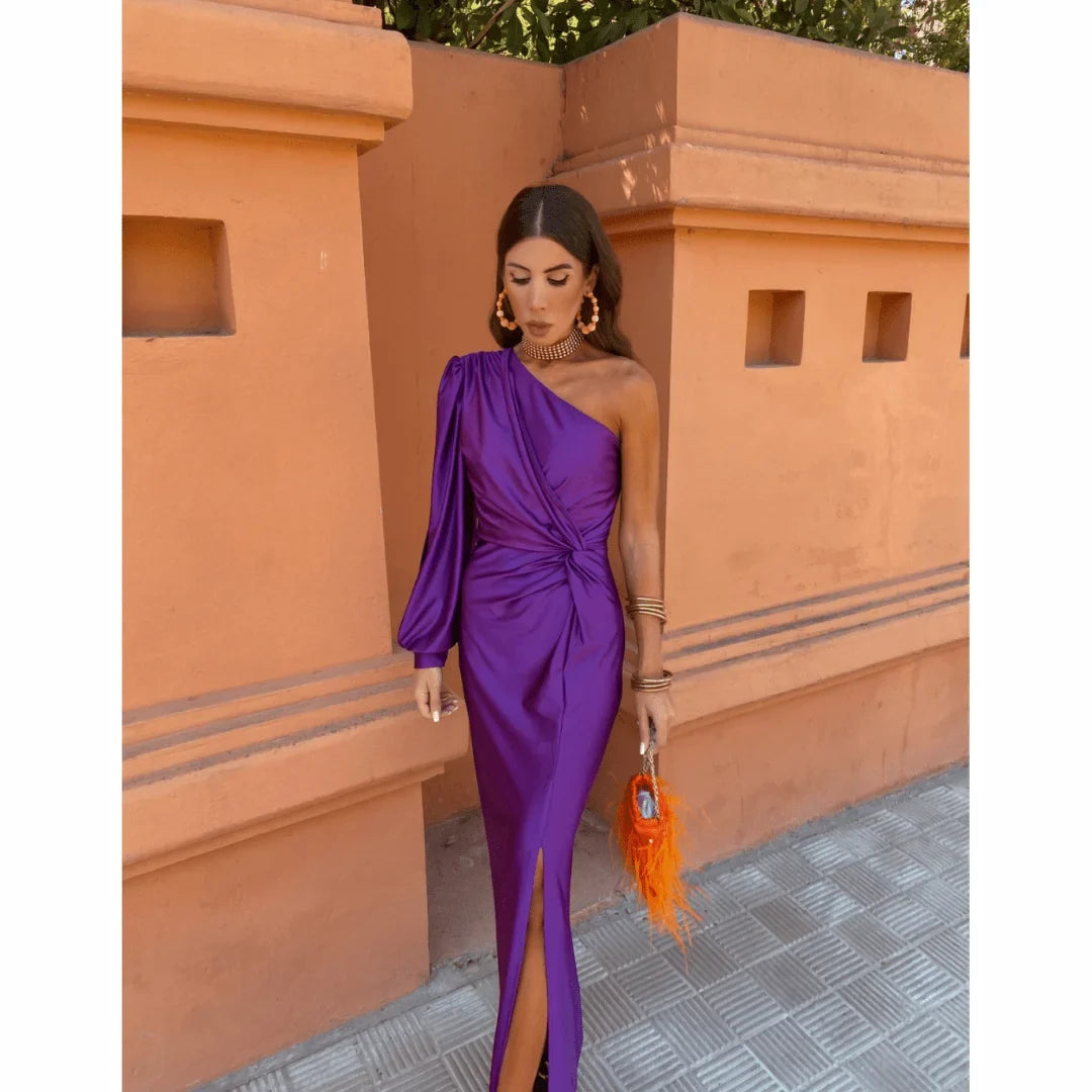 Satin One-Shoulder Maxi Dress with Front Slit