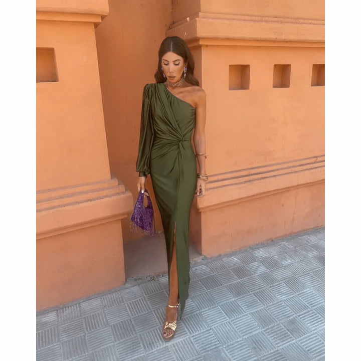 Satin One-Shoulder Maxi Dress with Front Slit