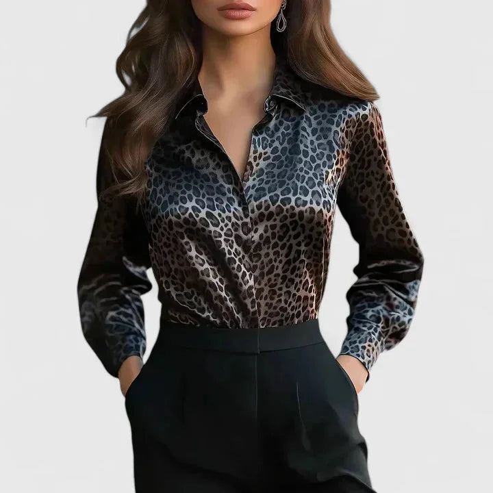 Satin Leopard Print Collared Blouse