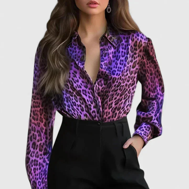 Satin Leopard Print Collared Blouse