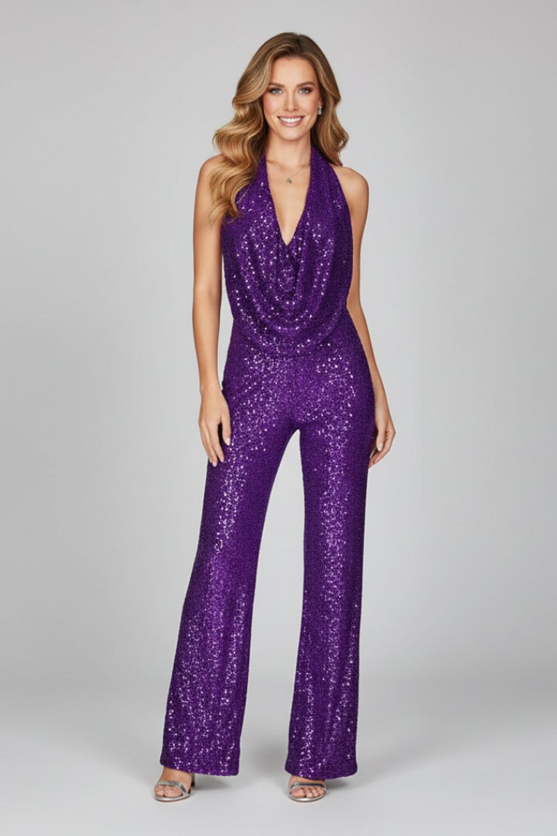 Women's Fitted Jumpsuit – With Halter Neck and Wide Legs, Suitable for Festive Occasions