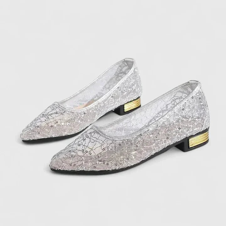 Sheer Lace Pointed-Toe Flats with Block Heel