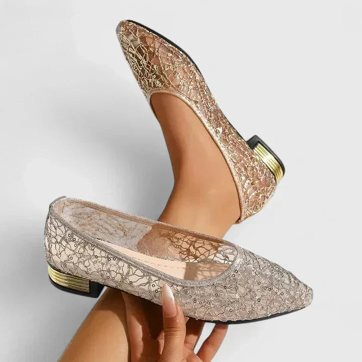 Sheer Lace Pointed-Toe Flats with Block Heel