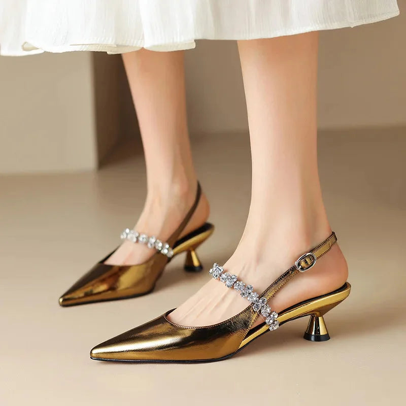 Crystal Strap Pointed-Toe Slingback Pumps