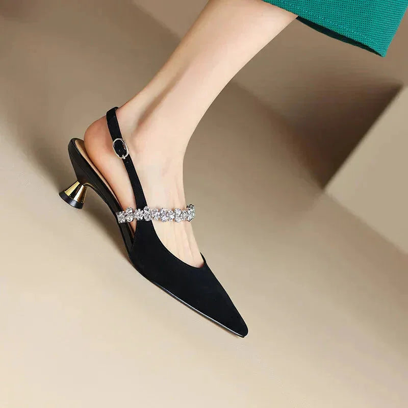 Crystal Strap Pointed-Toe Slingback Pumps
