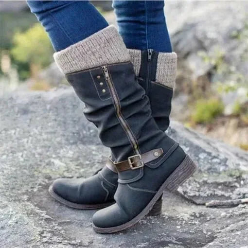 Slouchy Knit-Cuff Mid-Calf Boots with Side Zip