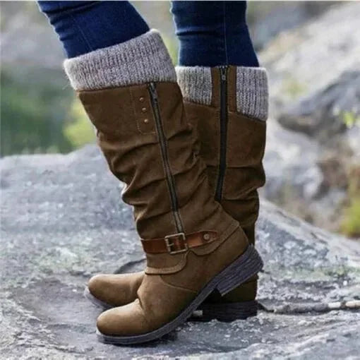 Slouchy Knit-Cuff Mid-Calf Boots with Side Zip