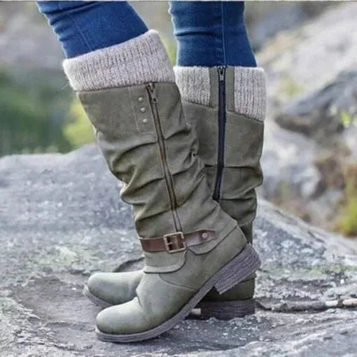 Slouchy Knit-Cuff Mid-Calf Boots with Side Zip