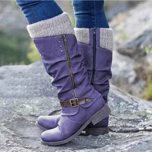 Slouchy Knit-Cuff Mid-Calf Boots with Side Zip