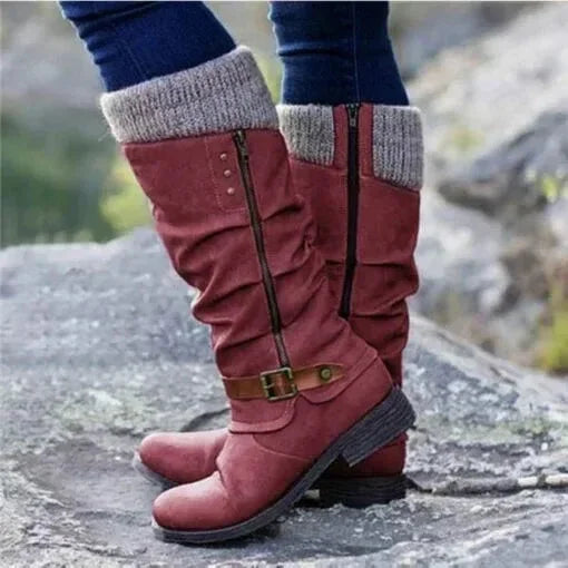 Slouchy Knit-Cuff Mid-Calf Boots with Side Zip