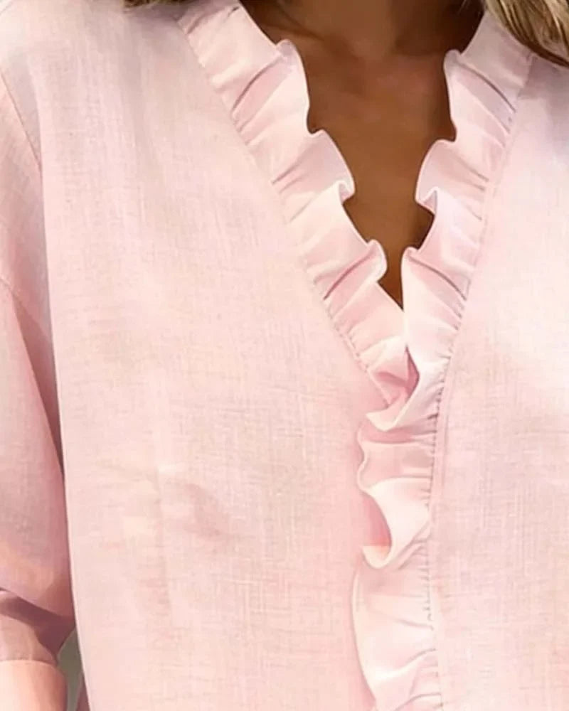 Women's Ruffle V-Neck Long Sleeve Blouse