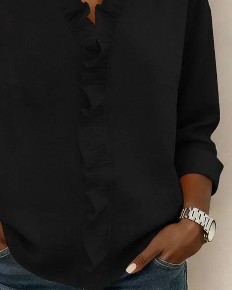 Women's Ruffle V-Neck Long Sleeve Blouse