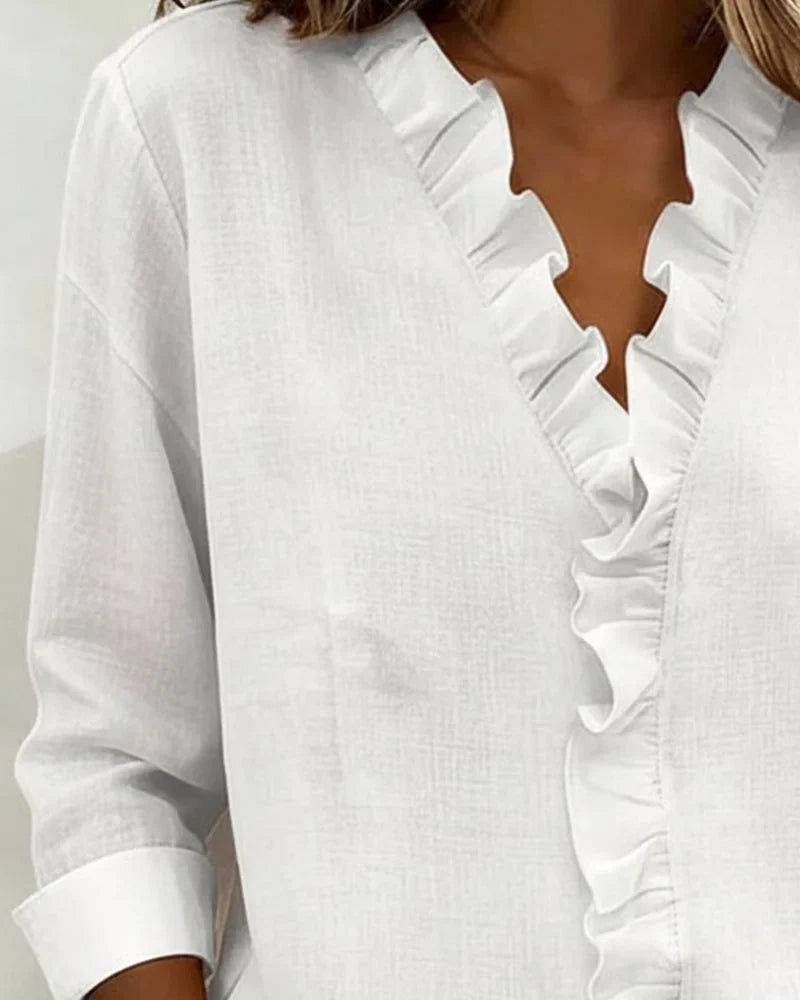 Women's Ruffle V-Neck Long Sleeve Blouse
