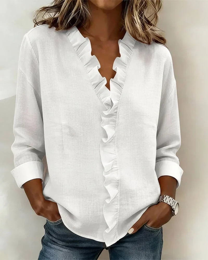 Women's Ruffle V-Neck Long Sleeve Blouse