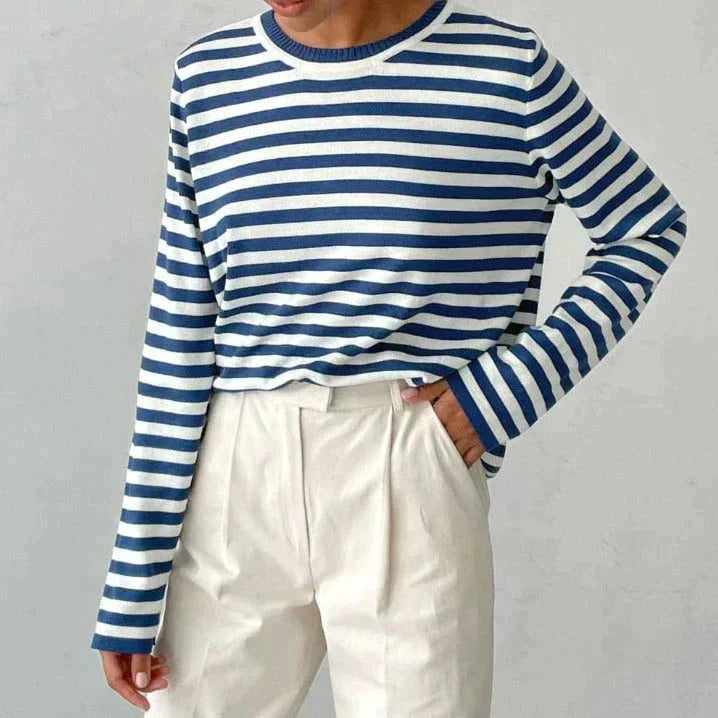 Striped Long-Sleeve Tee with Relaxed Crew Neck