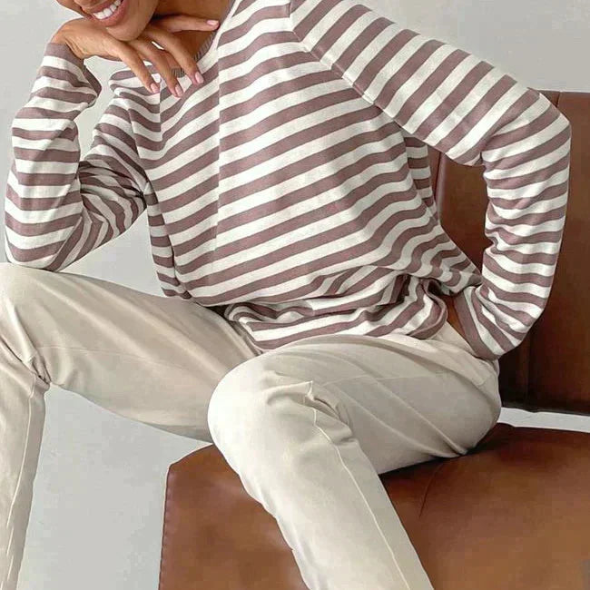 Striped Long-Sleeve Tee with Relaxed Crew Neck