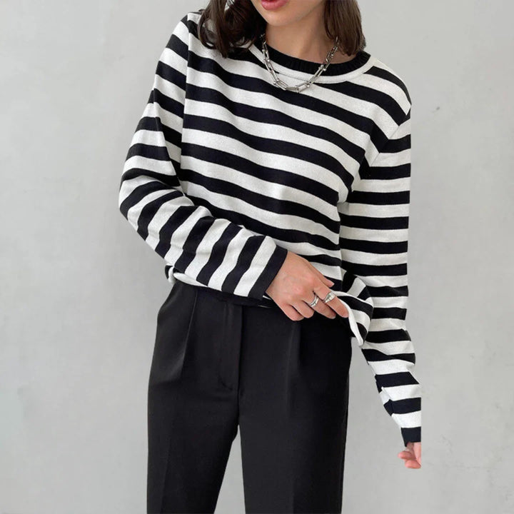 Striped Long-Sleeve Tee with Relaxed Crew Neck