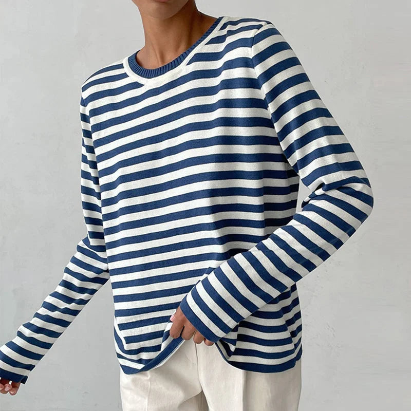 Striped Long-Sleeve Tee with Relaxed Crew Neck