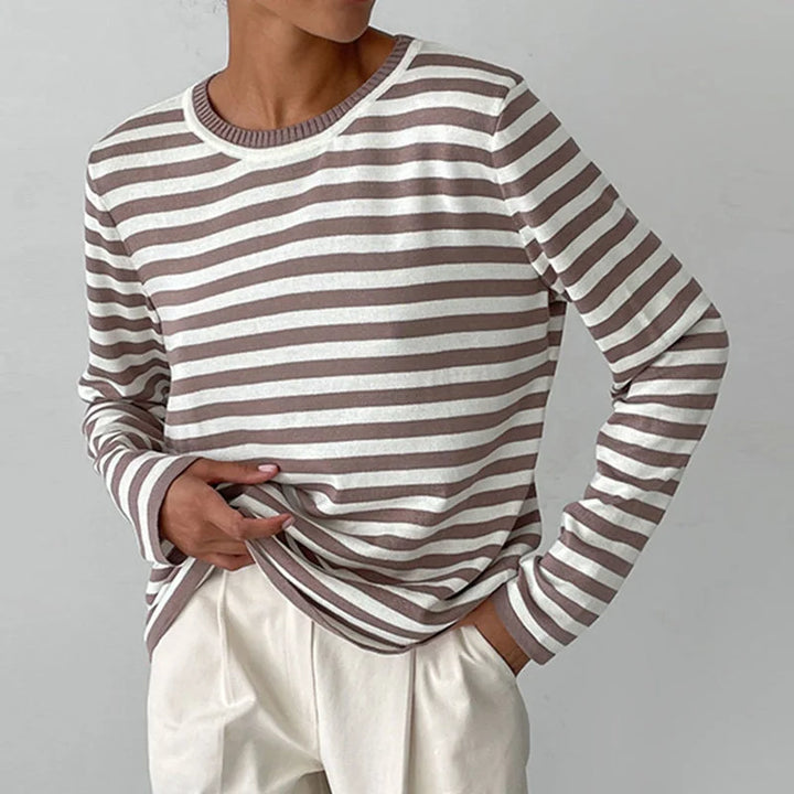 Striped Long-Sleeve Tee with Relaxed Crew Neck