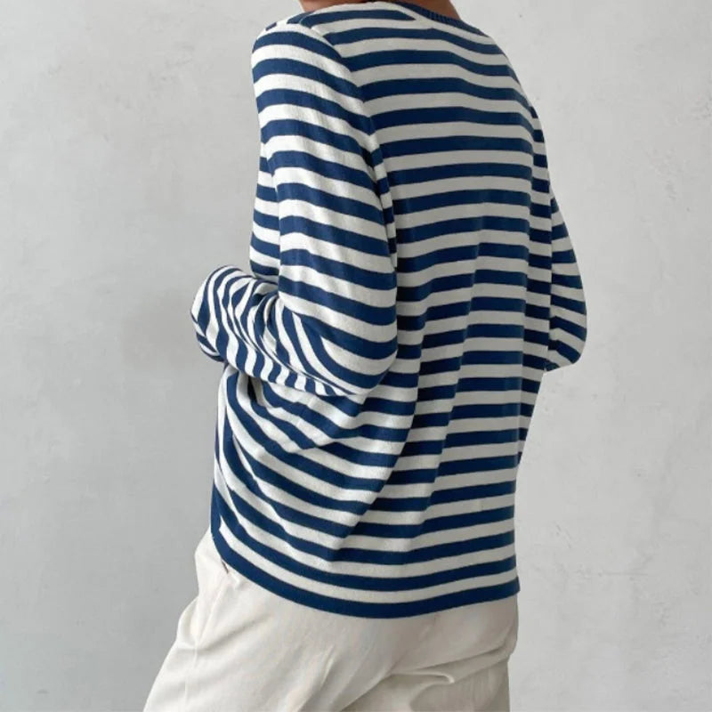 Striped Long-Sleeve Tee with Relaxed Crew Neck