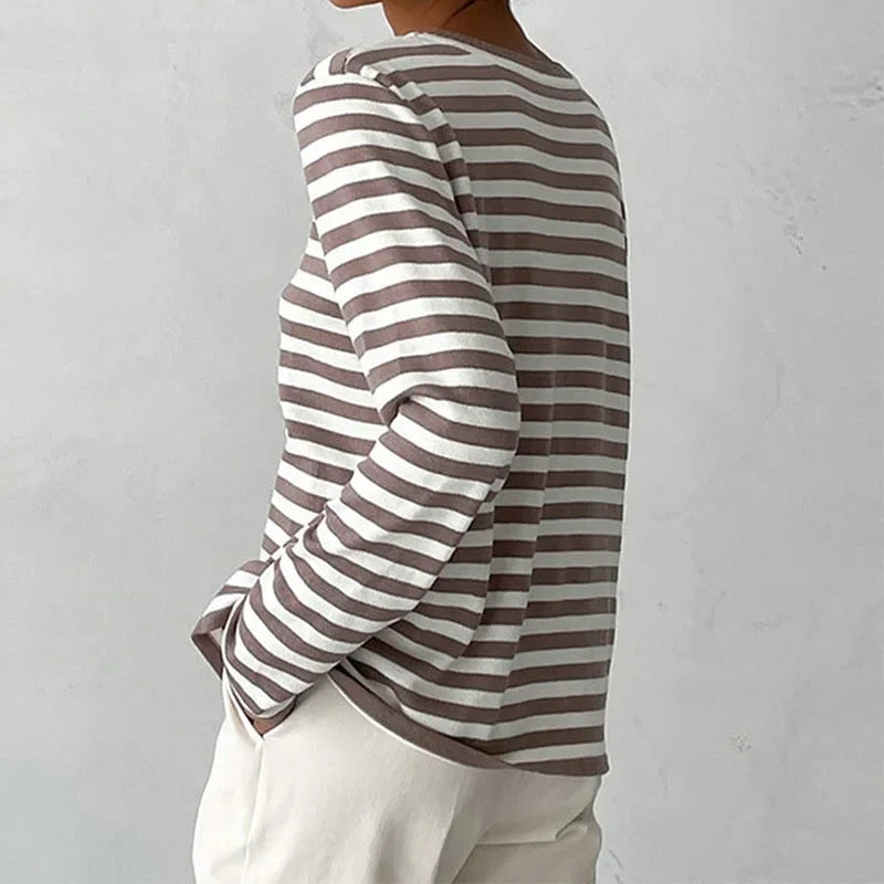 Striped Long-Sleeve Tee with Relaxed Crew Neck