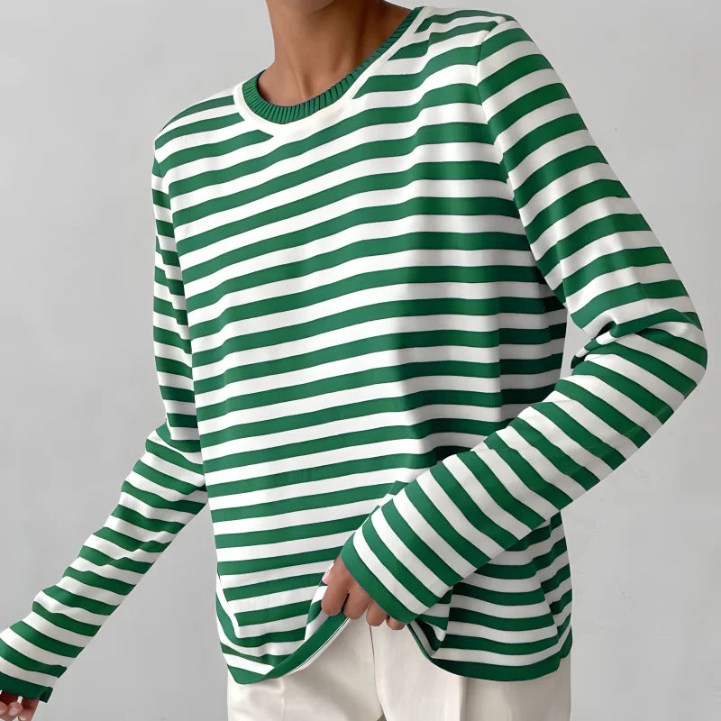 Striped Long-Sleeve Tee with Relaxed Crew Neck