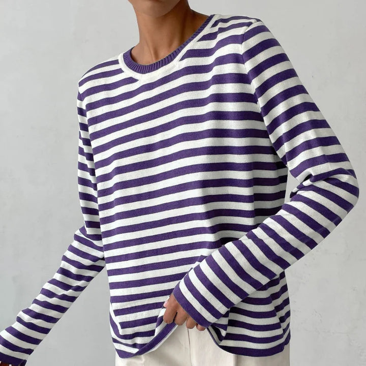 Striped Long-Sleeve Tee with Relaxed Crew Neck