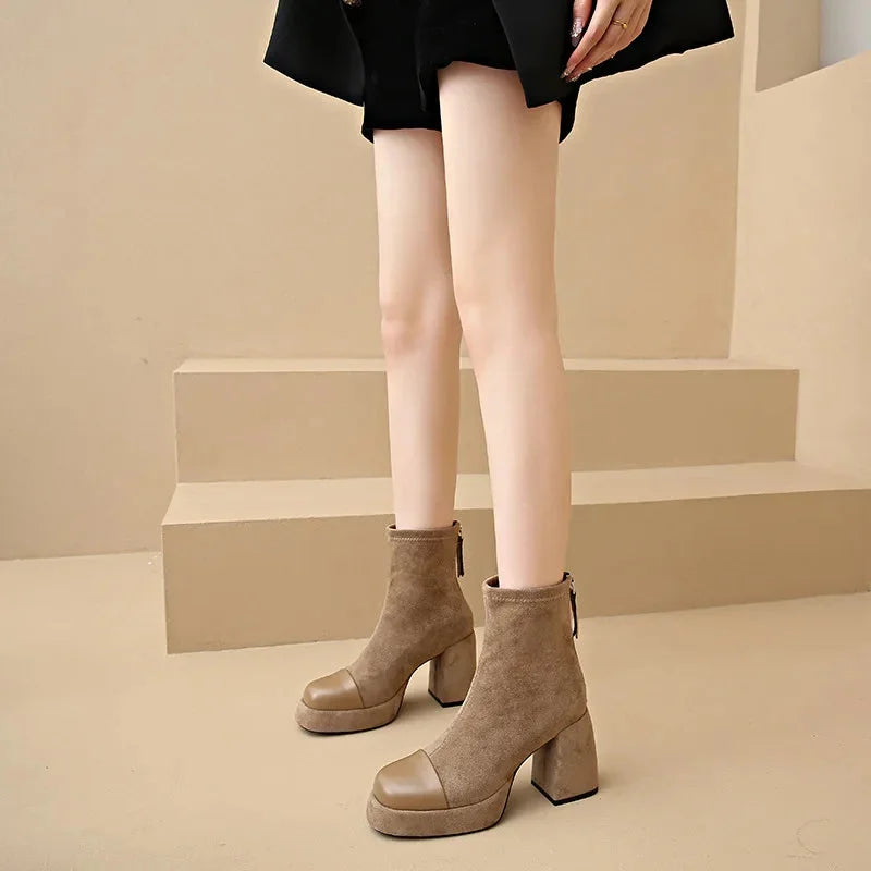 Suede Chunky Heel Platform Boots