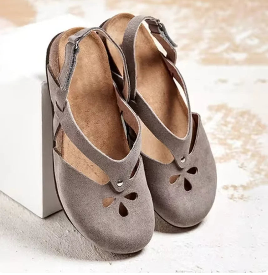 Suede Slingback Sandals with Floral Cut-Outs